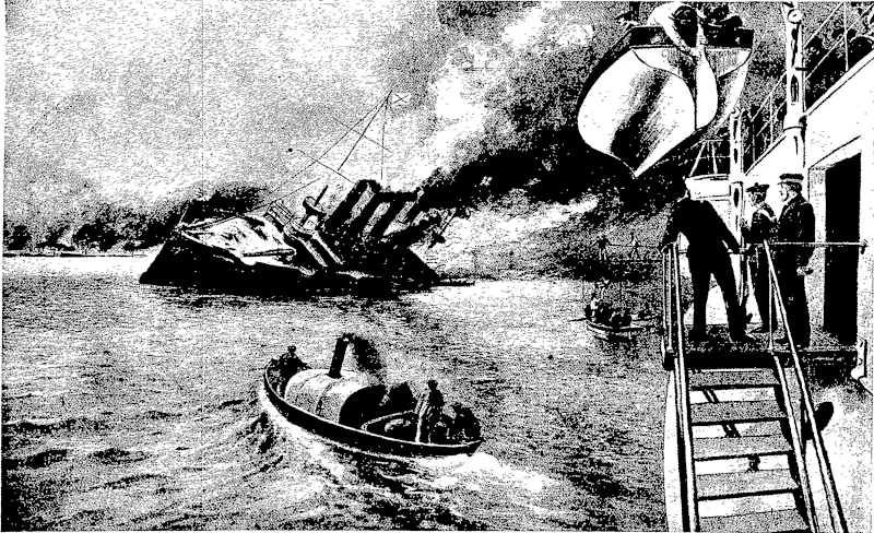 A CRUISER AGAINST A FLEET: THE SINKING OF THE RUSSIAN SHIP VARIAG AT CHEMULPO. The cruiser Variag and the gun-boat Korietz were summoned by the Japanese to leave the harbour of Chemulpo, otherwise they would be bombarded where they lay. They accordingly came out and fought against a vastly superior force, including the cruisers Naniwa Takachiho, Akashi, and Suma, and at nightfall retired, only to sail out again next day, with bands playing the Russian National Anthem, to renew the combat, when both Russian vessels were destroyed. The survivors we/c rescued by the French cruiser Pascal. Illustrated London News. (Otago Witness, 20 April 1904)