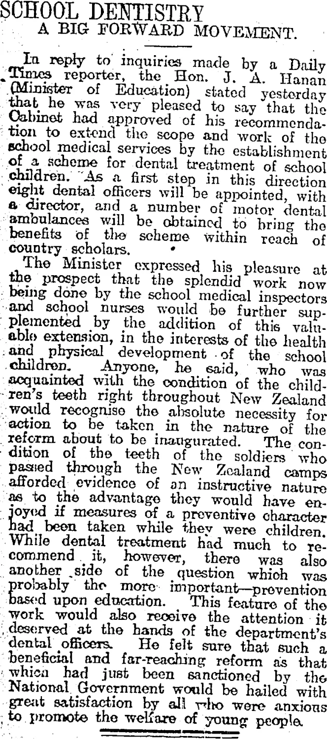 SCHOOL DENTISTRY (Otago Daily Times 9-6-1919)