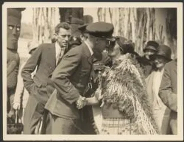 Image: Charles Kingsford Smith exchanging traditional Maori greeting, Hongi, with guide Bella, Rotorua, New Zealand, September 1928