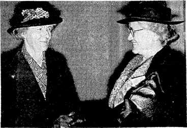Image: Links with-the past greet each other at a recent gathering of descendants of pioneers held at Lower Hutt. Miss Lydia Wake field (left) is a granddaughter of Edward Gibbon tFakefield, and Mrs. H. D. Bennett fright) is a direct descendant of the Maori chief Wharepourk (Evening Post, 16 November 1939)
