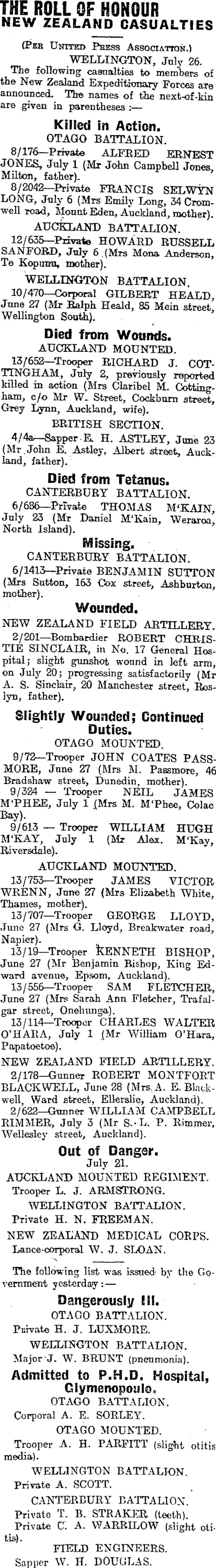 THE ROLL OF HONOUR (Otago Daily Times 27-7-1915)