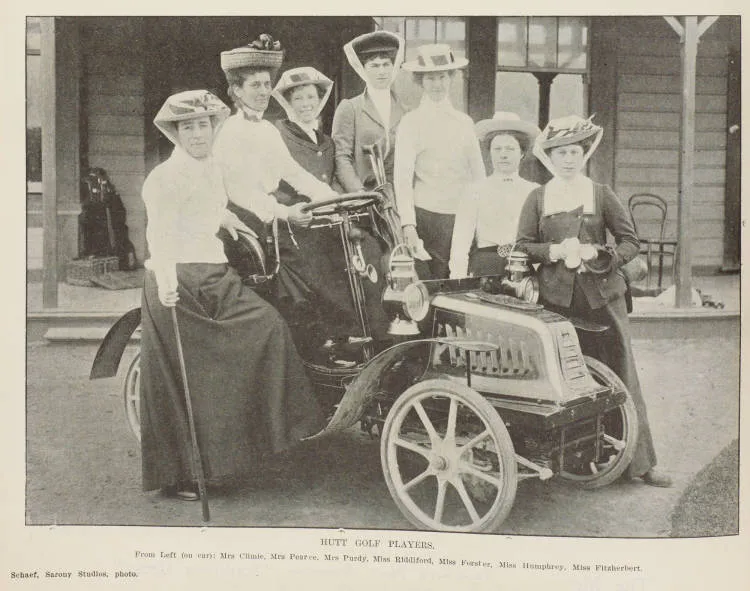 Hutt golf players from left (on car): Mrs Climie, Mrs Pearce, Mrs Purdy, Miss Riddiford, Miss Forster, Miss Humphrey, Miss Fitzherbert