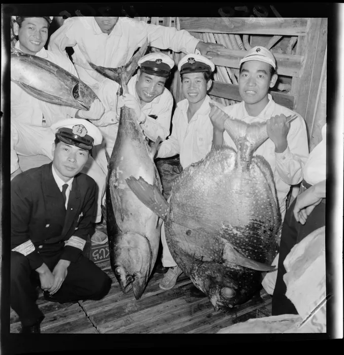 Japanese sailors on board their ship Koyo Maru, with fish