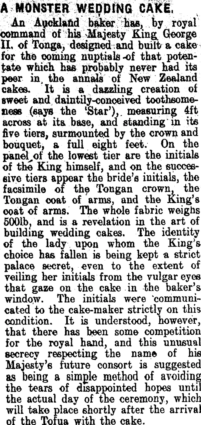 A MONSTER WEDDING CAKE. (Clutha Leader 26-10-1909)