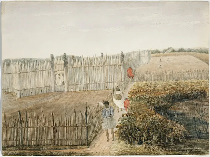 [Bridge, Cyprian], 1807-1885 :View of an ordinary New Zealand pa with potato plantations around it. [1845]