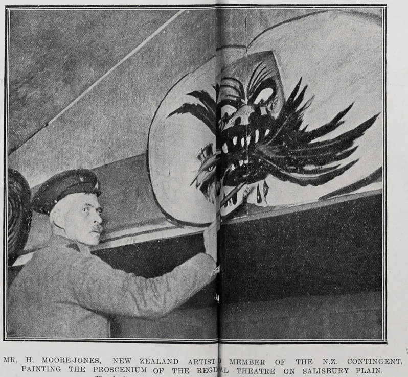 Mr H. Moore-Jones, New Zealand artist and member of the New Zealand Contingent, painting the proscenium of the regimental theatre on Salisbury Plain