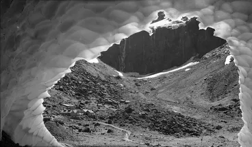 Image: View from an ice cave near the Homer tunnel in the Eglinton River Valley, Southland