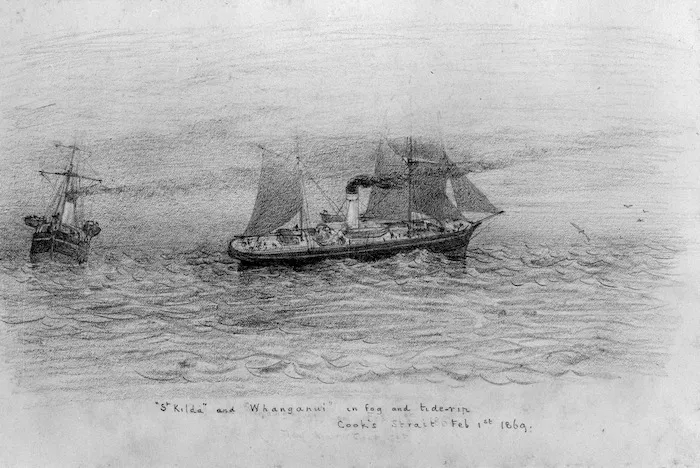 Richmond, James Crowe, 1822-1898 :St Kilda and Whanganui in fog and tide-rip Cook's Strait Feb 1st 1869.