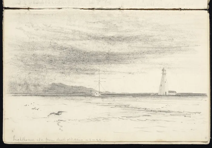 Haylock, Arthur Lagden, 1860-1948 :Lighthouse etc from deck of Ngaio. 1.[19]22