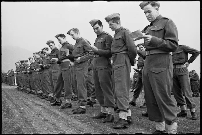 Some of the personnel taking part in NZ Army Service Corps church service in the Volturno Valley area, Italy, World War II - Photograph taken by George Kaye