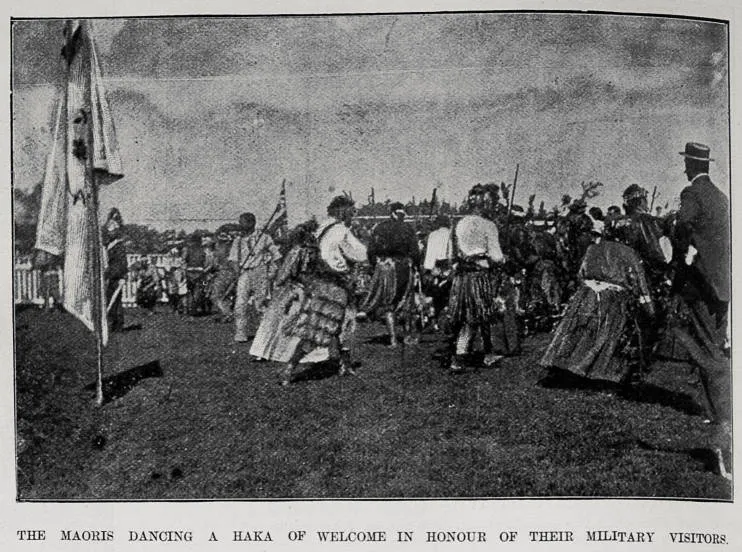 The Maoris dancing a Haka of welcome in honour of their military visitors