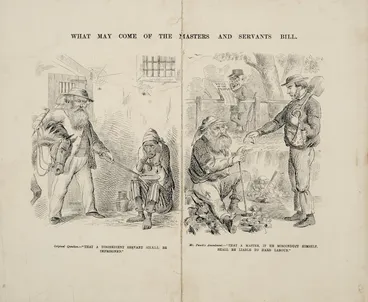 Image: Punch in Canterbury :What may come of the Masters and Servants Bill. Original question. "That a disobedient servant be imprisoned." Mr Punch's Amendment. "That a master, if he misconduct himself, shall be liable to hard labour." Punch in Canterbury, 19 August,1865