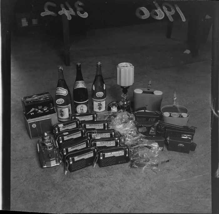 Contraband radios, liquor and other items from Japan, confiscated by Wellington Customs or Police