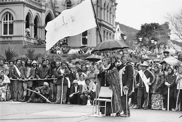 Image: John Miller - 1975 Māori Land March, Whina Cooper speaks at Parliamentary welcome