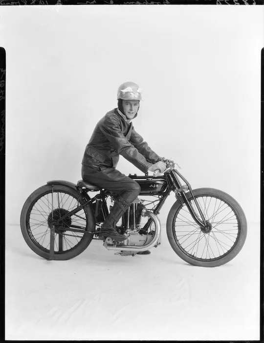 Speedway rider Max Graham on AJS motorcycle