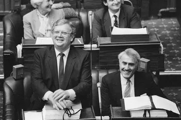 Image: David Lange and new Prime Minister Geoffrey Palmer - Photograph taken by Ray Pigney