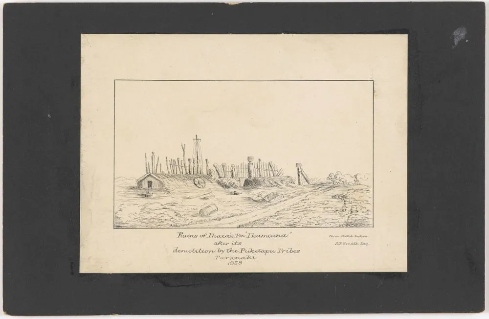 Ruins of Ihaia's Pa "Ikamoana" after its demolition by the Puketapu tribes from Taranaki