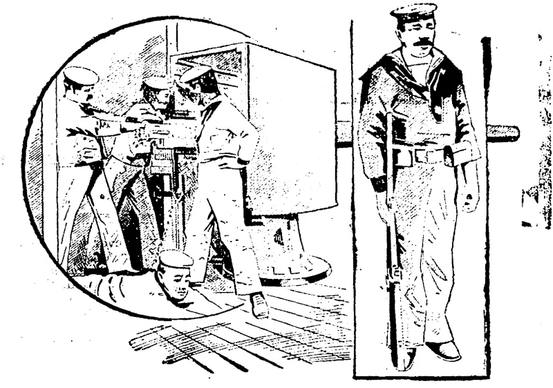 Japanese gunners behind a. quick-iiiv-r A typical Japanese man-of-war on one of'their battleships. Sailor. (Grey River Argus, 02 April 1904)