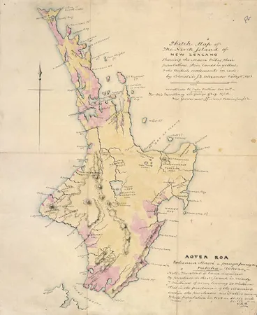 Image: Sketch map of the North Island of New Zealand shewing the Maori tribes, their population, their lands in yellow & the British settlements in red