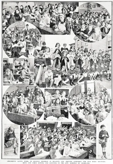 Image: Children's active work to relieve distress in Belgium and provide comforts for our hero soldiers: boys and girls sewing and knitting in the city schools of Auckland