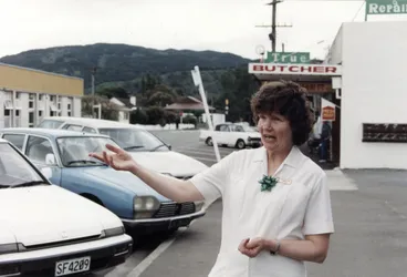 Image: Camp Street shops, Trentham; pharmacy's Geraldine Sims concerned by accidents due to angle parking.
