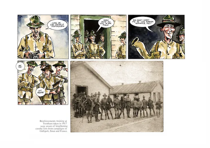 "Come on. I'm taking a photograph." "While we're all still in one piece." "You don't want me in - I'm already wounded, see!" "Me too!" "Leg wound!" Reinforcements training at Trentham taken in 1917 were aware of lengthening casualty lists from campaigns in Gallipoli, Sinai, and France. 10 April, 1999.
