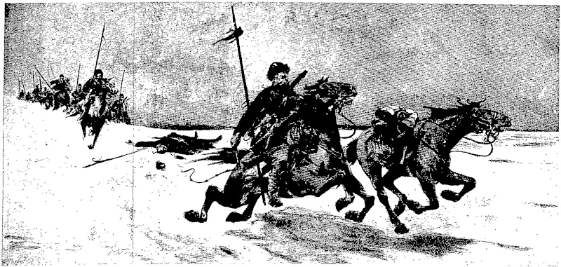 COSSACKS PURSUING A MANCHU EAILWAY WRECKER.  In the Manchurian bandits the Japanese have found ready allies in the work of obstructing the railway, which is so vital a necessity to the Russians in their conduct of the present war. Cossacks are here seen taking avenge on a Manchu who has been meddling with th«line.—Illustrated London News. (Otago Witness, 20 April 1904)