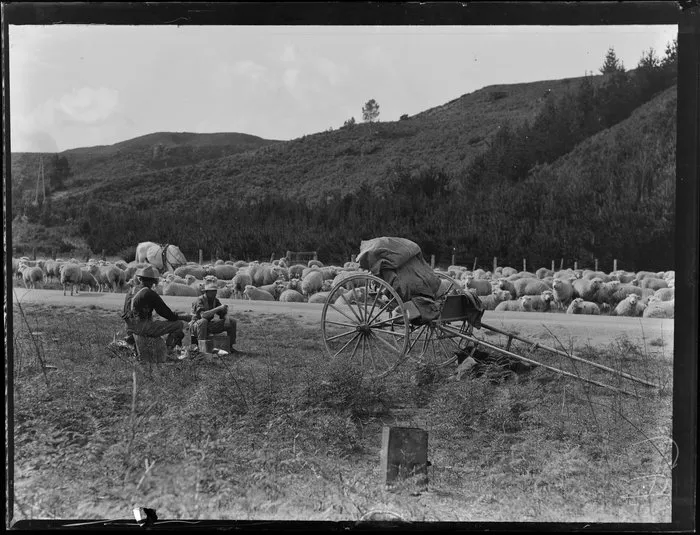 Unidentified drovers resting [smoko?] on a rural roadside, including cart, horse and flock of sheep, location unknown