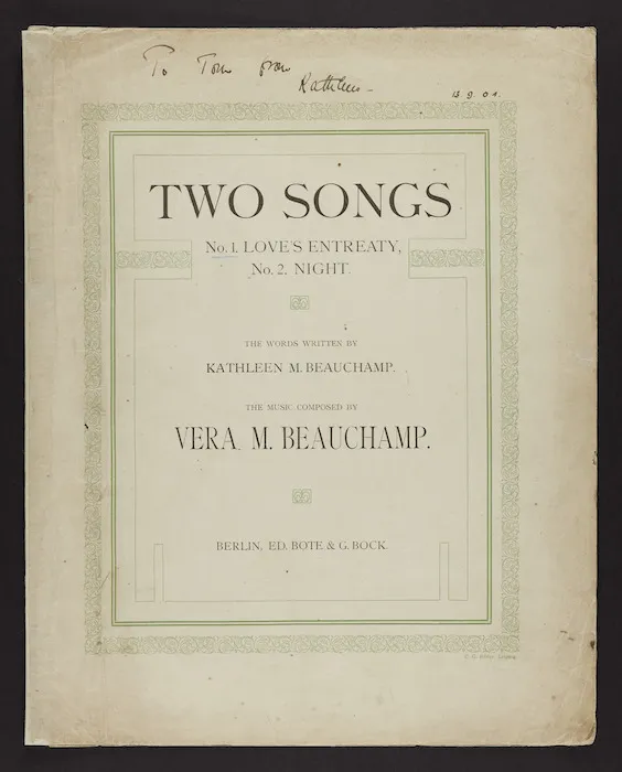 Beauchamp, Vera M : Two songs / words written by Kathleen M Beauchamp ; music composed by Vera M Beauchamp