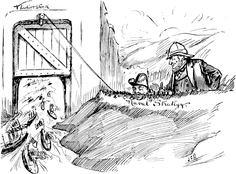 JAPAN'S NEXT MOVE.  John Bull: What's this you're up to, Togo, my boy } The newspapers me qettiny impatient for more naval battles.  Admiral Tot/o: Let them uait , Tie got something bettei on. When the Russians yet right inside down goes the qate, and I've got them safely bottled up. ThiswJ,s ust a fwsh case of pickles. (New Zealand Free Lance, 13 May 1905)