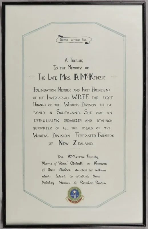 Framed citation, Citation to Mrs A. McKenzie of the WDFFNZ