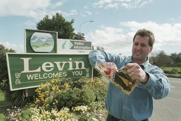 Image: Levin liquor store owner David Max rips up the Listener magazine that calls Levin the most boring town in New Zealand - Photograph taken by Phil Reid
