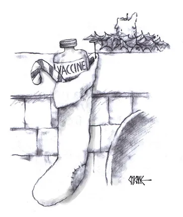 Image: Bottle labelled "Vaccine" in a Christmas stocking hanging on a mantle piece