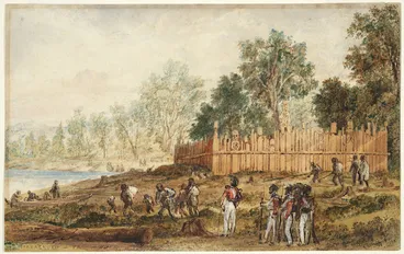 Image: Brees, Samuel Charles, 1810-1865 :Makaenuku Pa; natives preparing to leave the Hutt. [ca 1845].