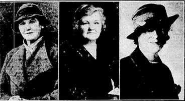 Image: S." P. Andrew Photo. LEADERS OF THE WOMEN'S DIVISION OF THE FARMERS' UNION.—Left, Mrs. L Poiv, re-elected to the office of treasurer at this week's conference of tlie Women's Division of the New Zealand Farmers' Union. Centre, Mrs. W. H. Ward, of Lumsden, retiring president. Right, Mrs. Bing (nee Connor) . . honorary secretary of tlie division. (Evening Post, 19 July 1935)