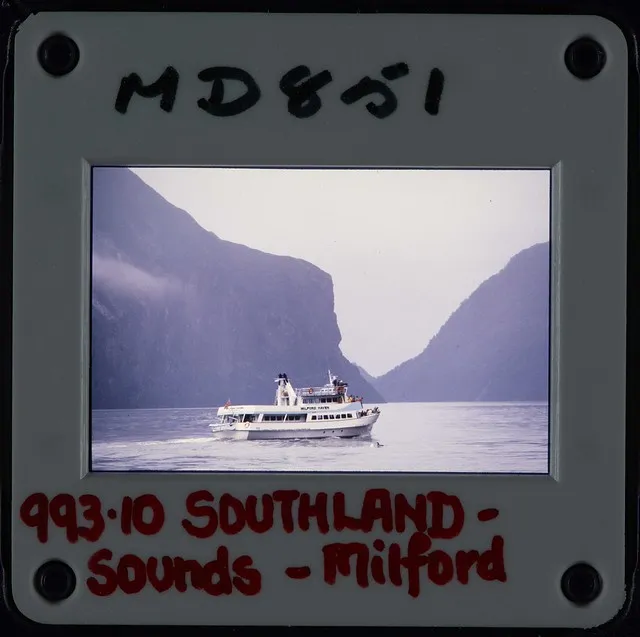 Fiordland Travel Co's launch "Milford Haven" on Milford Sound Photographer: Ralph Anderson May 1981
