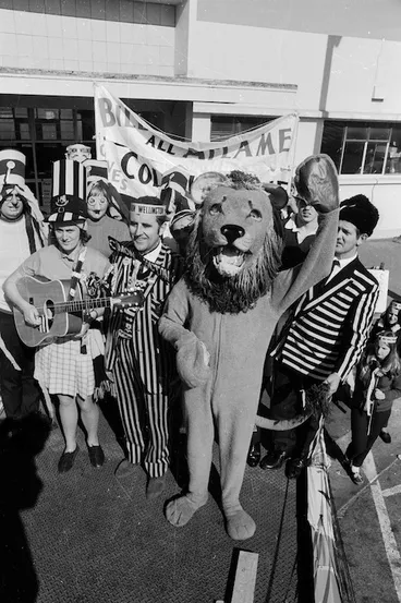 Image: Members of C'mon Wellington, supporters of the Wellington provincial rugby team, including their mascot Leo the lion