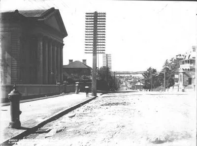 Upper Queen St. looking towards the harbour. Bible Training Institute on left.