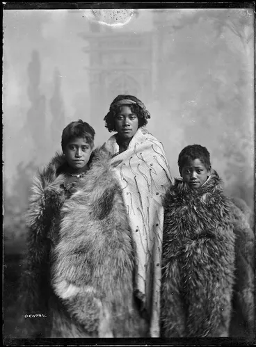 Image: Unidentified Maori children wearing cloaks - Photograph taken by Frank J Denton