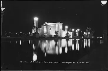 Image: Australian pavilion and court at night, New Zealand Centennial Exhibition, Rongotai