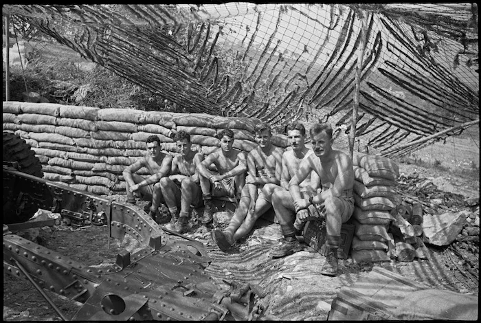 NZ Divisional Artillery gun crew rests on the Cassino Front, Italy, World War II - Photograph taken by George Kaye