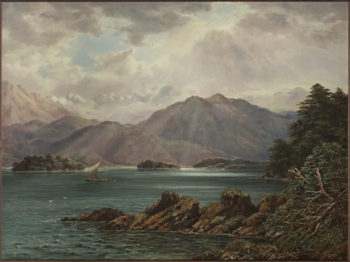 Barraud, Charles Decimus 1822-1897 :[Lake Manapouri looking toward Cathedral Peaks?] 1886