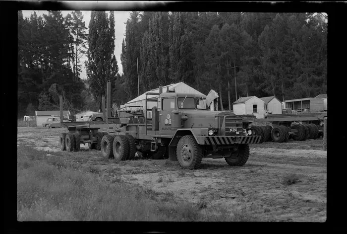 Logging truck in camp, Kawerau