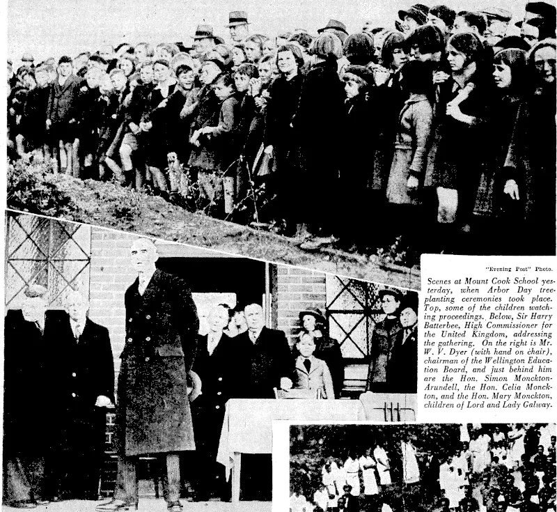 Evening Post" Photo. Scenes at Mount Cook School yesterday, when Arbor Day treeplanting ceremonies took place. Top, some of the children watching proceedings., Below, Sir Harry Batterbee, High Commissioner for the United Kingdom, addressing the gathering. On the right is Mr. W. V. Dyer (with hand on chair), chairman of the Wellington Education Board, and fust behind him are the Hon. Simon Monckton-Arundell, the Hon. Celia Monckton, and the Hon. Mary Monckton, children of Lord and Lady Galway. (Evening Post, 03 August 1939)