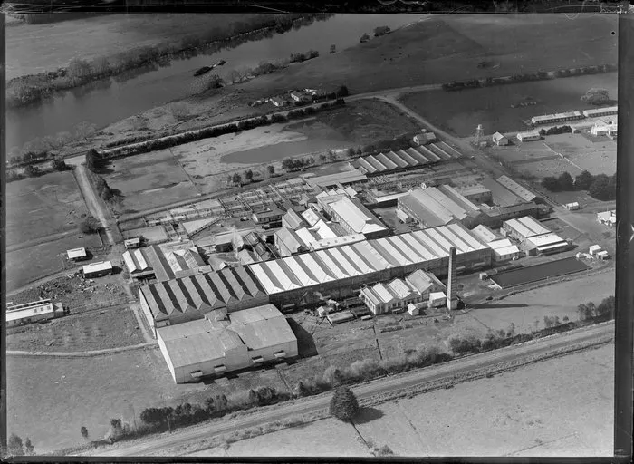 Horotiu Freezing Works, Waikato Region, including the Waikato River and the main trunk line