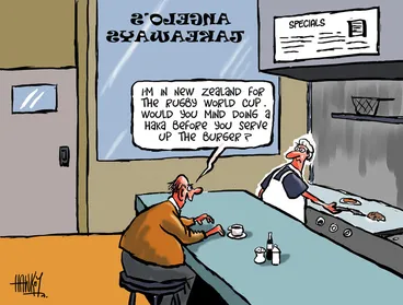 Image: Hawkey, Allan Charles, 1941- :'I'm in New Zealand for the Rugby World Cup. Would you mind doing a haka before you serve up the burger?' 27 September 2011