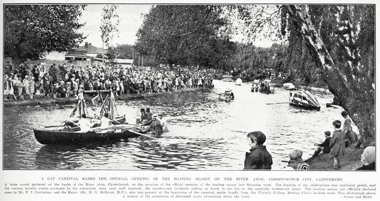A gay carnival marks the official opening of the boating season on the river Avon, Christchurch City, Canterbury