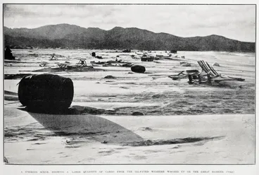 Image: A striking scene, showing a large quantity of cargo from the ill-fated Wiltshire washed up on the Great Barrier coast
