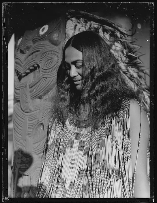 Portrait of Matarita Smallman (nee Pitiroi) dressed in a kahu huruhuru