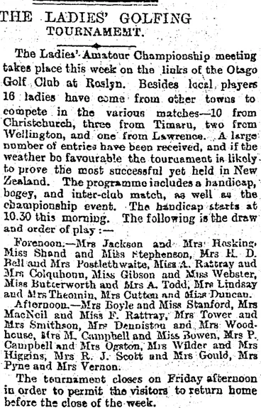Image: THE LADIES' GOLFING TOURNAMENT. (Otago Daily Times 23-9-1895)